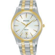Pulsar Solar Watch Men Silver Gold Tone Date Titanium V145-0A30 100M 7.25